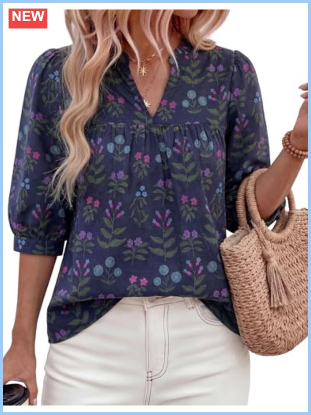 Women's V-Neck Floral Boho Blouse Short Sleeve Ruffled Neck